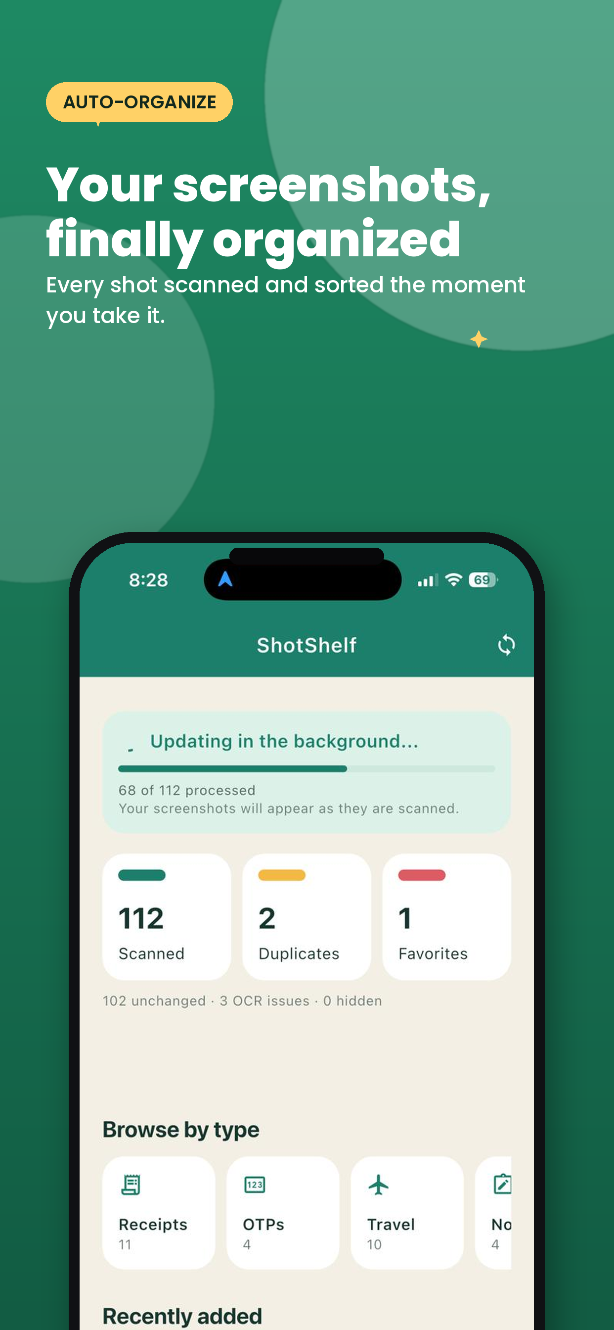 ShotShelf dashboard showing auto-organized screenshots with scan progress