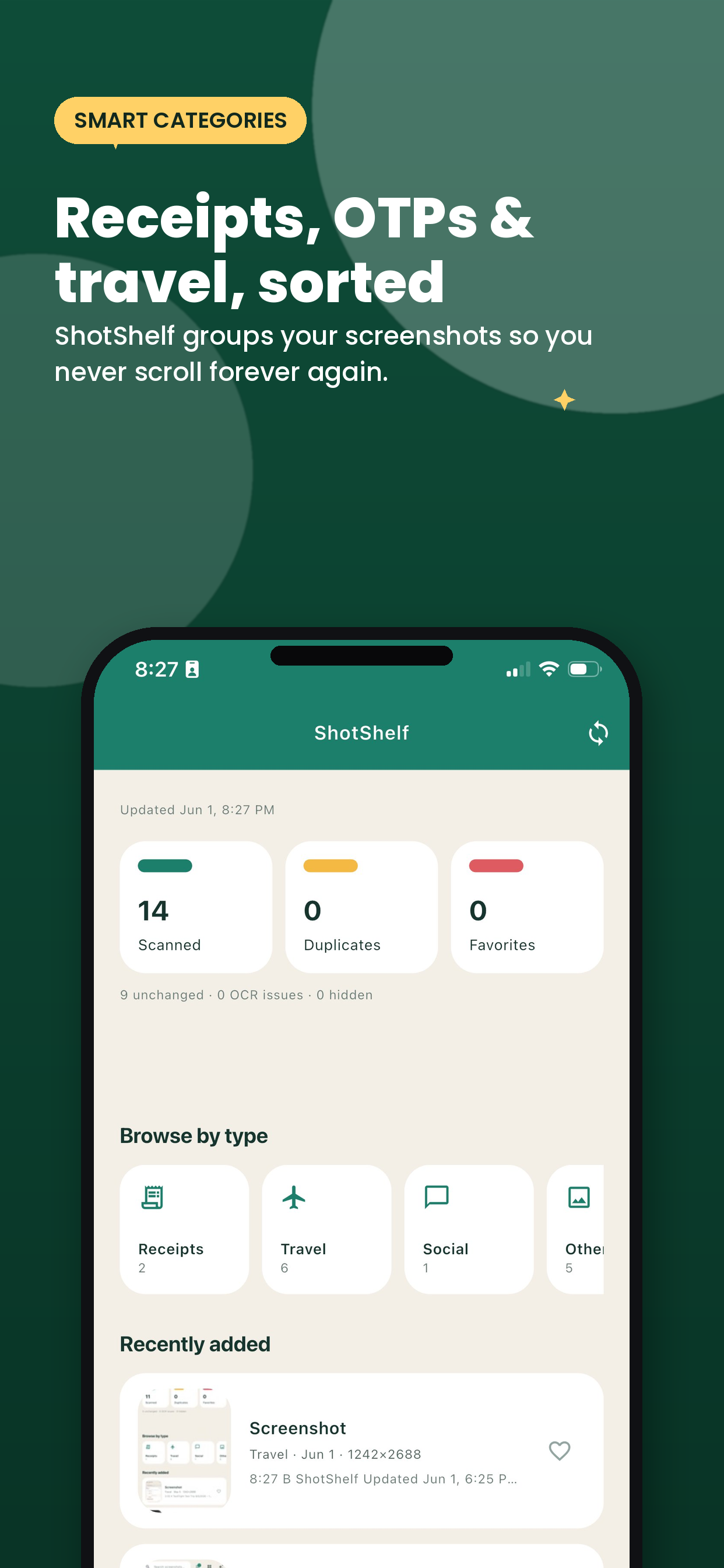 ShotShelf smart categories - receipts, OTPs, travel, chats sorted automatically