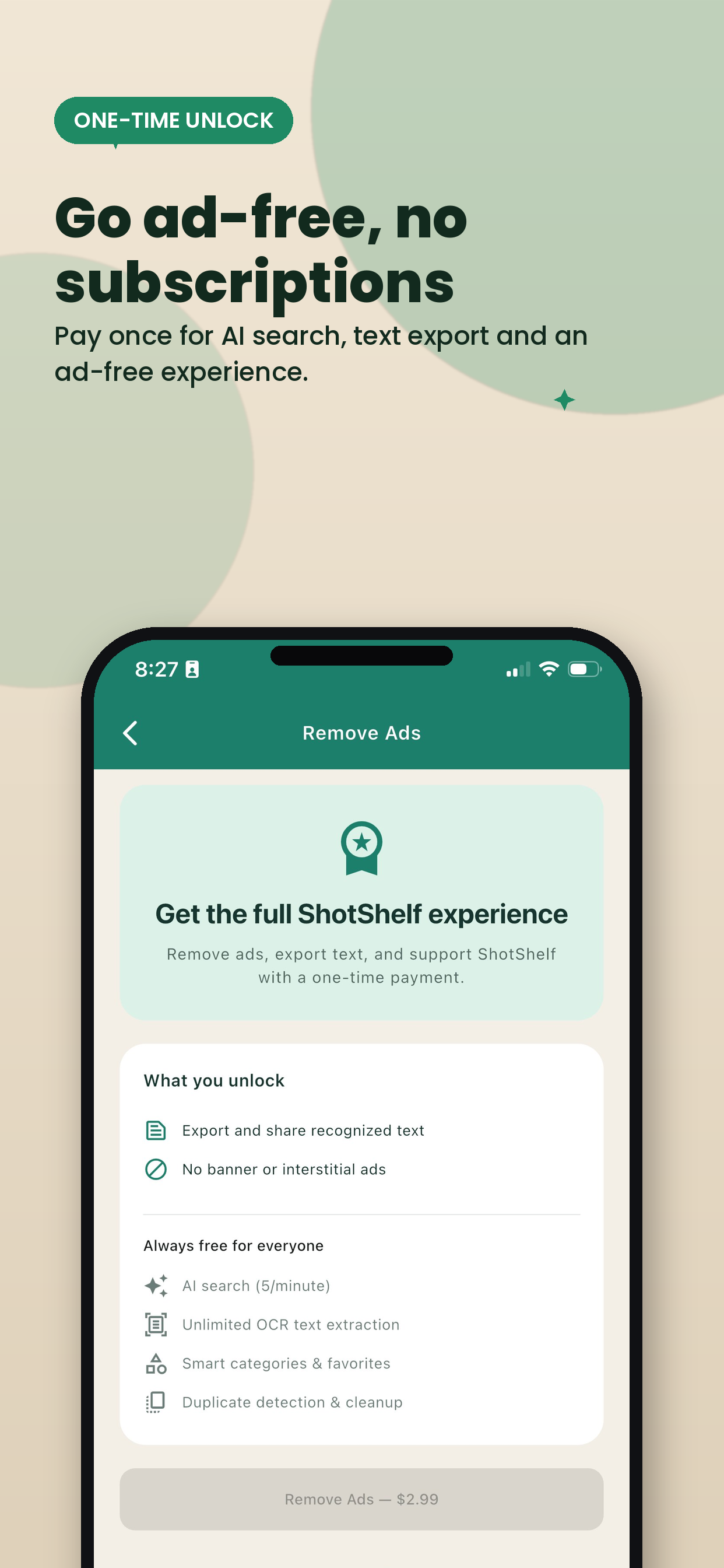 ShotShelf remove ads - one-time purchase with no subscriptions